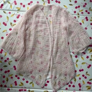 Handmade Elegant Wool Pink and White Open-Front Cardigan